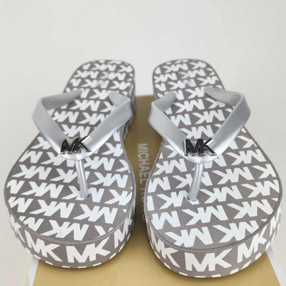 New Michael Kors Sandals Wedge Platform Taupe White Silver Bedforf Glam New - Picture 2 of 7